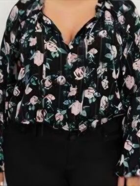torrid Black Floral Tie-Neck Blouse with Pink Roses